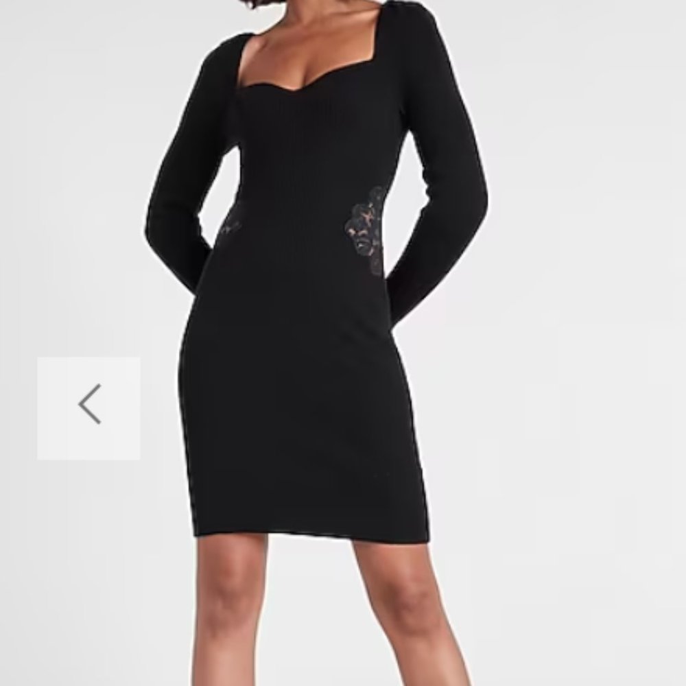 Express Black Puff Shoulder Lace Pieced Body Contour Sweater Dress